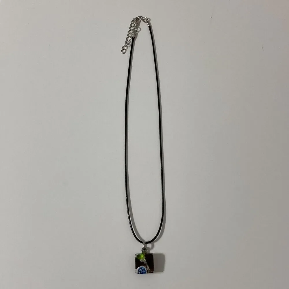 Artisan Murano Style Square Cut Glass Pendant Necklace Corded Purple Green